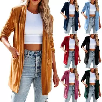 Женский однотонный пиджак с длинным рукавом из бархата, костюм с открытым передом, пальто-кардиган с карманами, верхняя одежда L чёрный