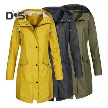 Женский однотонный плащ осень-зима с капюшоном и длинными рукавами, ветровка с пуговицами, застежкой-молнией, карманами, куртка средней длины, пальто L зелёный