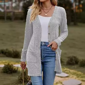 Женский однотонный полосатый кардиган 2024 года с пуговицами на жакете XXL светло-серый
