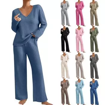 Женский однотонный полосатый топ с V-образным вырезом, длинными рукавами и штаны, комплект из двух предметов L