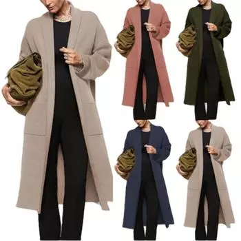 Женский однотонный повседневный длинный рукав осенне-зимний длинный карманный кардиган свитер свободный свитер большого размера с перекрестными краями пальто L армия зеленый