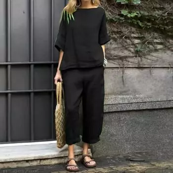 Женский однотонный повседневный хлопковый льняной комплект с рукавами 3/4 и круглым вырезом, топ и брюки L чёрный