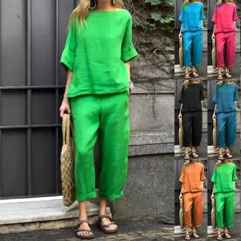 Женский однотонный повседневный хлопковый льняной комплект с рукавами 3/4 и круглым вырезом, топ и брюки M тёмно-синий