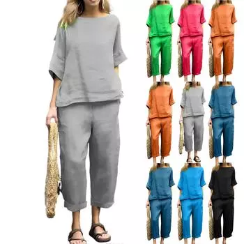 Женский однотонный повседневный хлопковый льняной комплект с рукавами 3/4 и круглым вырезом, топ и брюки L чёрный