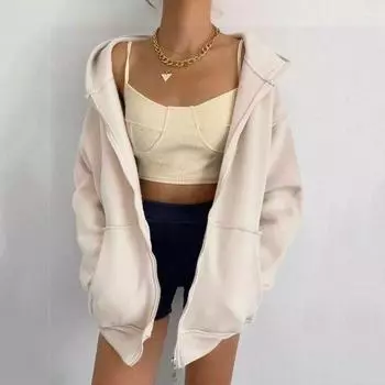 Женский однотонный повседневный кардиган на молнии с капюшоном и карманами L