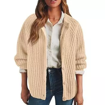 Женский однотонный повседневный кардиган с длинными рукавами, вязаный свитер, куртка L бежевый