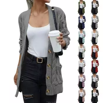 Женский однотонный повседневный кардиган с длинными рукавами, однобортный вязаный свитер, куртка L чёрный