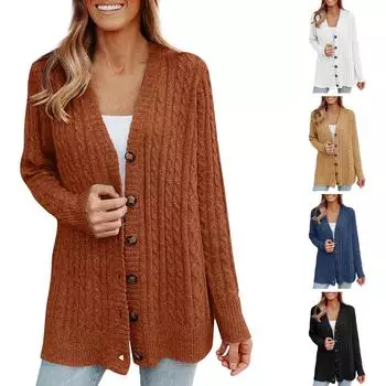 Женский однотонный повседневный кардиган средней длины с одной пуговицей и карманами, вязаный универсальный свободный свитер, куртка XL синий
