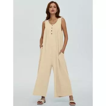 Женский однотонный повседневный комбинезон без рукавов с карманами и подтяжками. L абрикосовый