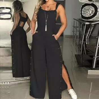 Женский однотонный повседневный комбинезон без рукавов с боковыми карманами и широкими штанинами с пуговицами по бокам XXL белый