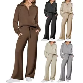 Женский однотонный повседневный комплект из 2 шт./компл., толстовка с рукавами и лацканами, на молнии, с длинным эластичным поясом и широкими брюками, комплект L хаки