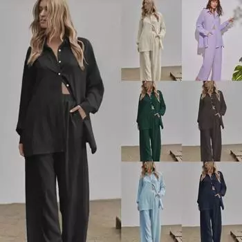 Женский однотонный повседневный костюм осень 2022 г.: Рубашка с длинным рукавом и брюки с эластичным поясом XS темно-зеленого