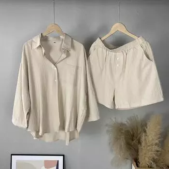 Женский однотонный повседневный костюм с лацканами, простая рубашка на пуговицах + свободные шорты с высокой талией, комплект из двух предметов 2XL синий