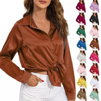 Женский однотонный повседневный милый кардиган однотонный атласный цвет Ding Slim с длинным рукавом рубашка топ L розовый