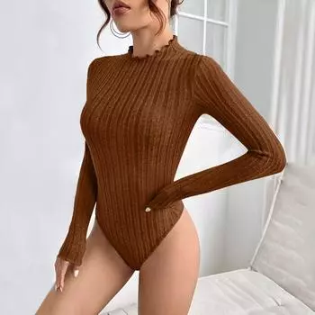 Женский однотонный повседневный модный однотонный волнистый воротник длинный рукав облегающий цельный топ S коричневый