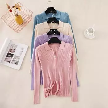 Женский однотонный повседневный модный тонкий трикотажный топ с воротником и длинным рукавом, застегивающийся на молнию, тонкий трикотажный свитер с воротником-поло, дышащий, легкий, мягкий, короткий топ one size белый