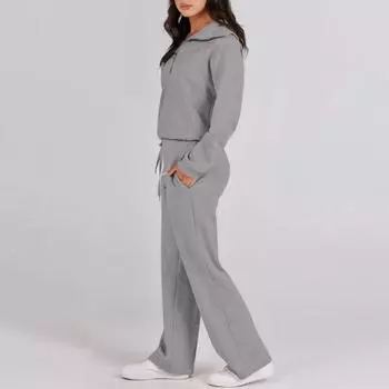 Женский однотонный повседневный наряд из 2 шт./компл., толстовка на молнии с воротником с длинными рукавами и эластичной резинкой на талии, комплект широких брюк L чёрный