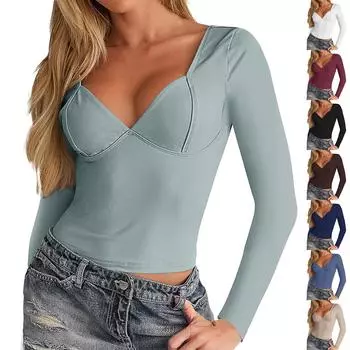 Женский однотонный повседневный облегающий топ с V-образным вырезом и длинными рукавами L чёрный