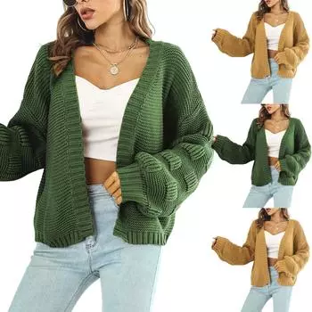 Женский однотонный повседневный ретро-стиль, цельный свитер с рукавами, вязаный кардиган, пальто L армия зеленый