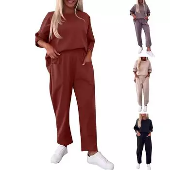 Женский однотонный повседневный, удобный и свободный комплект из двух частей с круглым вырезом и девятью точками XXL фиолетовый