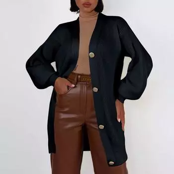 Женский однотонный повседневный вязаный кардиган с карманом средней длины, свободный свитер с V-образным вырезом и металлическими пуговицами, куртка-свитер L чёрный
