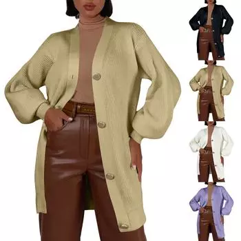 Женский однотонный повседневный вязаный кардиган с карманом средней длины, свободный свитер с V-образным вырезом и металлическими пуговицами, куртка-свитер L чёрный