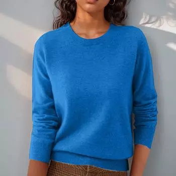 Женский однотонный повседневный вязаный свитер с круглым вырезом и длинными рукавами, пуловер и базовый слой вязаный свитер M синий