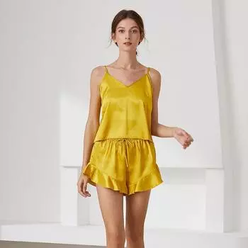 Женский однотонный/принтованный повседневный свободный пижамный комплект, топ с v-образным вырезом, высокая талия, шорты с рюшами, комплект домашнего платья, дышащий, мягкий, удобный комплект одежды для сна S жёлтый