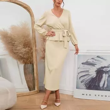 Женский однотонный приталенный костюм с v-образным вырезом и шнуровкой, темпераментная юбка бежевый
