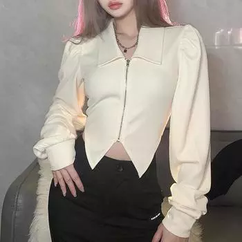 Женский однотонный приталенный свитер в европейском и американском стиле на весну и осень с открытым пупком, модный свитер с длинными рукавами и застежкой-молнией с лацканами XXL абрикосовый