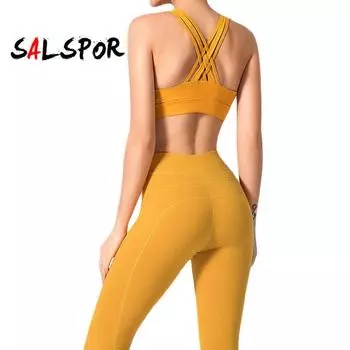 Женский однотонный противоударный спортивный костюм для йоги персикового цвета с бедрами, состоящий из двух предметов