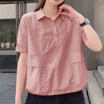 Женский однотонный пуловер больших размеров, рубашка с воротником-стойкой, повседневный свободный пуловер, тонкий с коротким рукавом 3XL