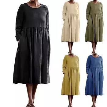 Женский однотонный пуловер из хлопка и льна с круглым вырезом, платье большого размера с длинными рукавами L