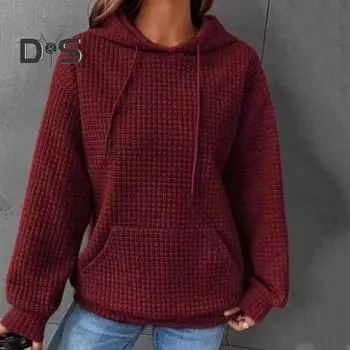 Женский однотонный пуловер на весну и осень, толстовка с вафельной текстурой, свободный крой, с капюшоном, на шнурке, с длинными рукавами и карманами, толстовка, уличная одежда M синий