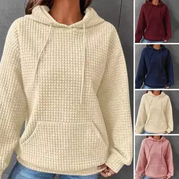 Женский однотонный пуловер на весну и осень, толстовка с вафельной текстурой, свободный крой, с капюшоном, на шнурке, с длинными рукавами и карманами, толстовка, уличная одежда M синий