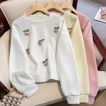 Женский однотонный пуловер, повседневный свитшот в ленивом стиле, свободная модная одежда для бега, стереоскопический топ с вишневым узором, осенние топы M розовый