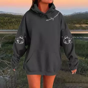 Женский однотонный пуловер с длинным рукавом, капюшоном и повседневным принтом на Хэллоуин L