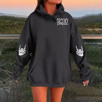 Женский однотонный пуловер с длинным рукавом, капюшоном и повседневным принтом на Хэллоуин L