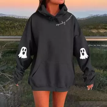 Женский однотонный пуловер с длинным рукавом, капюшоном и повседневным принтом на Хэллоуин L