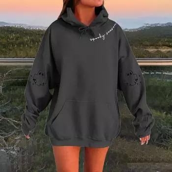 Женский однотонный пуловер с длинным рукавом, капюшоном и повседневным принтом на Хэллоуин L