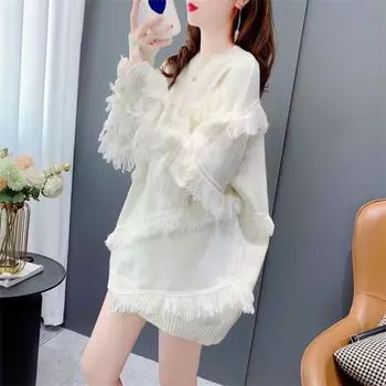 Женский однотонный пуловер с кисточками и круглым вырезом Design sense, свободный вязаный топ, осень-зима 2023, женский пуловер