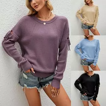 Женский однотонный пуловер с круглым вырезом и длинными рукавами XL чёрный