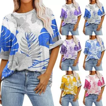 Женский однотонный пуловер с круглым вырезом и принтом листьев, свободная футболка большого размера с короткими рукавами, топ L синий