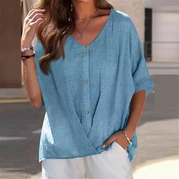 Женский однотонный пуловер с v-образным вырезом, рубашка на пуговицах с коротким рукавом, повседневный топ, легкие топы L синий