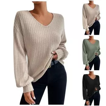 Женский однотонный пуловер с V-образным вырезом, свободный, легкий, с длинными рукавами, повседневный топ L бежевый