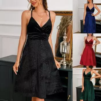 Женский однотонный пуловер с застежкой на талии, сексуальное платье на подтяжках для ужина с v-образным вырезом S синий