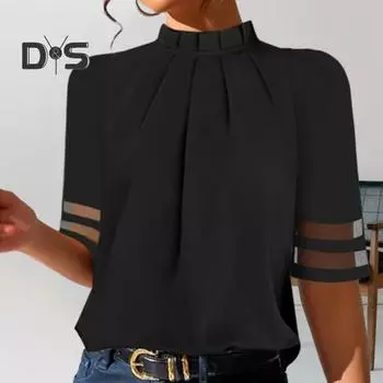 Женский однотонный пуловер, топы с высоким воротником, сетчатая строчка, плиссированная Свободная посадка с половиной рукавом, повседневная офисная женская блузка XL чёрный