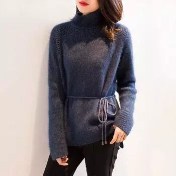 Женский однотонный пуловер, вязаный свитер, женская водолазка с длинным рукавом, толстая зима One Size зелёный