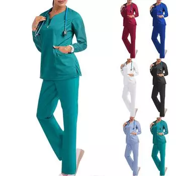 Женский однотонный рабочий топ с длинным рукавом и V-образным вырезом, нагрудным карманом, эластичный пояс, брюки, комплект из двух предметов, 3 кармана, халаты для женщин XXL зелёный
