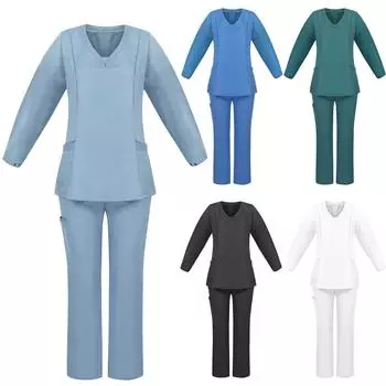 Женский однотонный рабочий топ с длинным рукавом и V-образным вырезом, нагрудным карманом, эластичный пояс, брюки, комплект из двух предметов, 3 кармана, халаты для женщин XXL